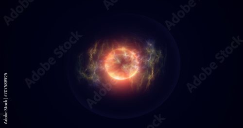 Spinning yellow blue energy sphere digital hi-tech ball futuristic magic circle glowing bright force field abstract background