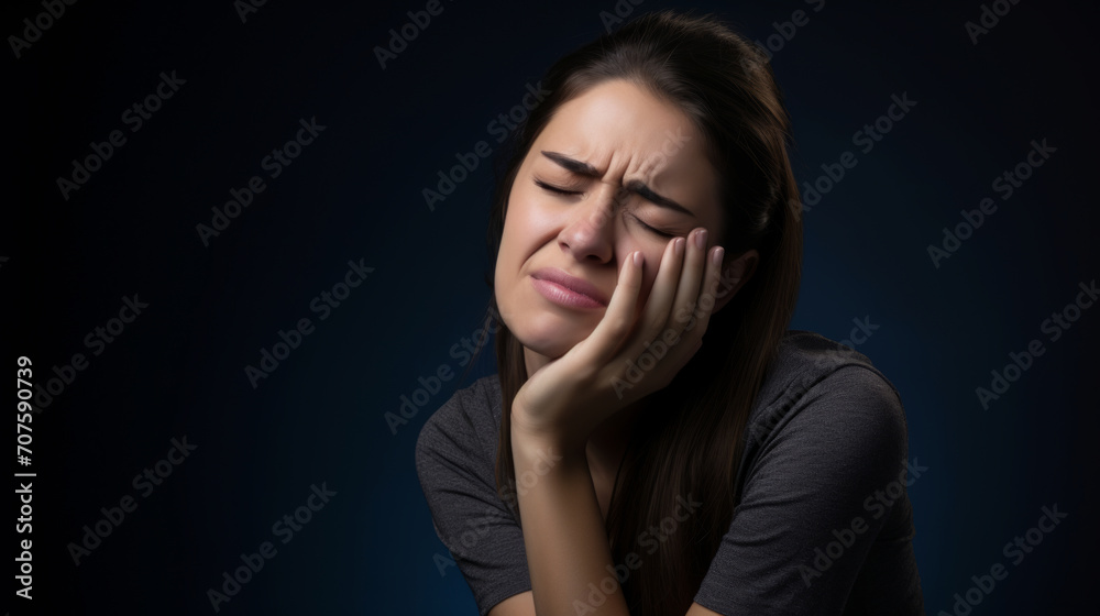 Tooth Pain. Beautiful Woman Feeling Strong Pain, Toothache isolated background is touching her mouth with her hand with a painful expression because of a toothache or dental illness on her teeth.