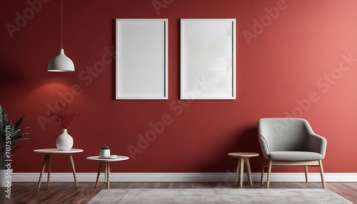  Picture-mockup-with-white-vertical-frame-on--red-wall--Stylish-dark-interior-with-decor-and-wooden-cupboard-and-blanket-picture--Poster-mockup--Minimalist-modern-interior-design--3D-illustration © SABBIR RAHMAN