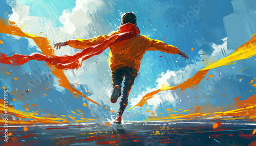 Person running with his arms open symbolizing freedom, happiness and victory. Horizontal illustration. 