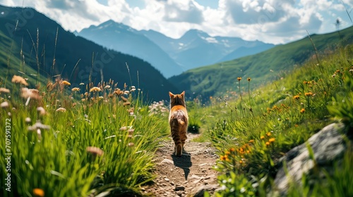 Cat hiking on a mountain trail summer road trip 