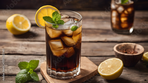 Fresh made Cuba Libre with brown rum, cola, mint and lemon on wooden background