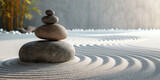 Japanese zen garden stone balance on nature light white background.for branding and product presentation.3d rendering
