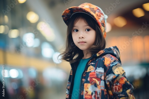 Portrait of a little girl in a jacket and hat on the street