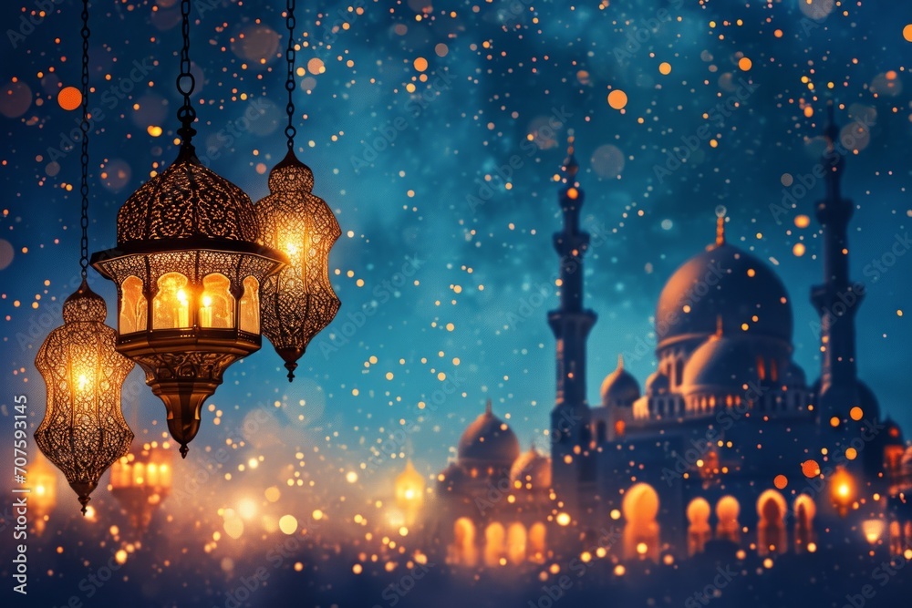 Traditional lanterns glowing against a twilight sky over a mosque's silhouette