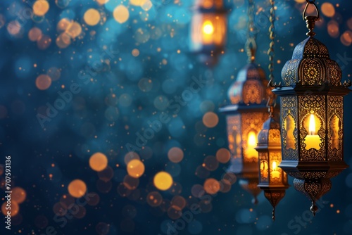 Elegant lanterns glowing against a bokeh blue backdrop
