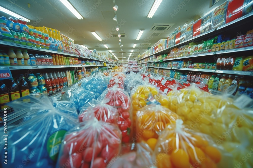 Blurred view of a grocery store aisle showcasing vibrant fruits and vegetables in plastic wrapping - obrazy, fototapety, plakaty 