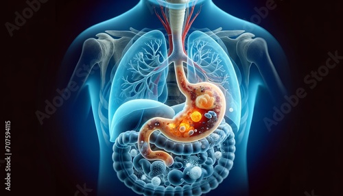 acid reflux,  gastritis, dark blue background, medical illustration photo