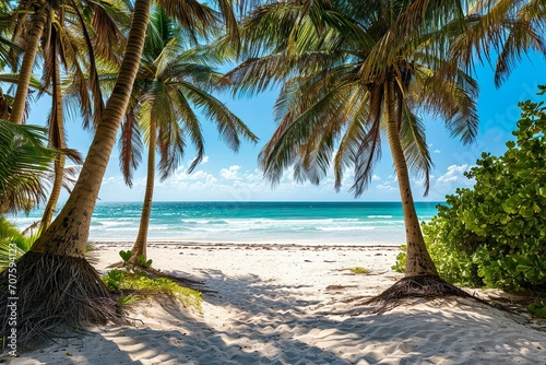 Amazing view of beach with white sand and beautiful exotic palm trees © Kasorn