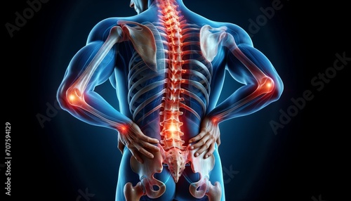 Lower back pain , back on the dark blue background, medical illustration photo