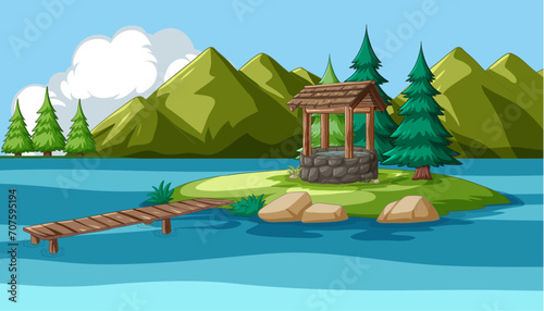 Illustration of a well on a small island with trees. photo