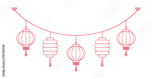Chinese Lantern Hanging Garland Outline Doodle, Lunar New Year and Mid-Autumn Festival Decoration Graphic