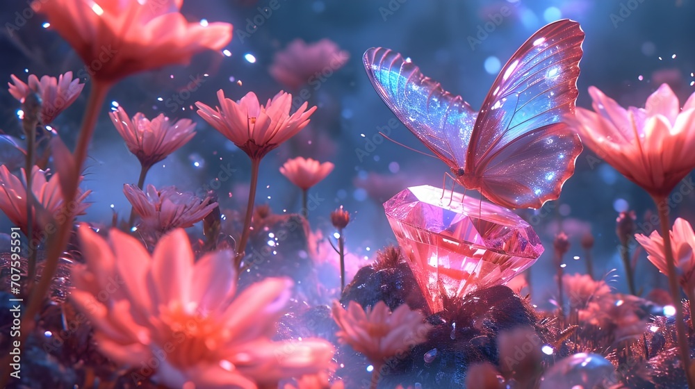 Beautiful crystal fairy butterfly sits on a pink diamond and flower garden, glowing insects in the night forest, 3d rendering, frame TV art - obrazy, fototapety, plakaty 