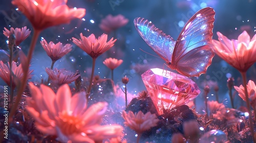 Beautiful crystal fairy butterfly sits on a pink diamond and flower garden, glowing insects in the night forest, 3d rendering, frame TV art photo