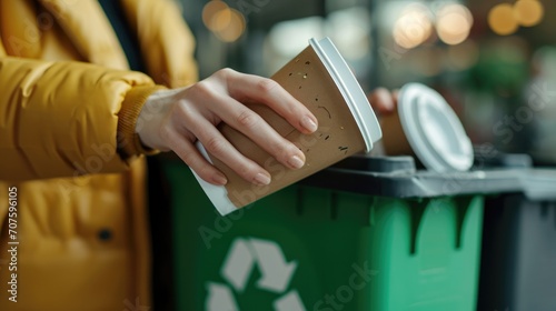 Close-up woman hand throwing empty paper coffee cup in recycling bin. Recycle concept.