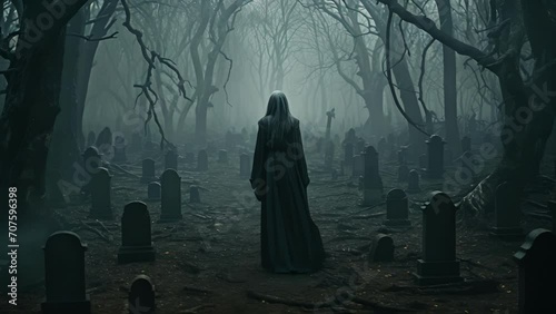 An ancient banshee lurks a rows of gravestones its ghostly howl beckoning all who hear it. photo