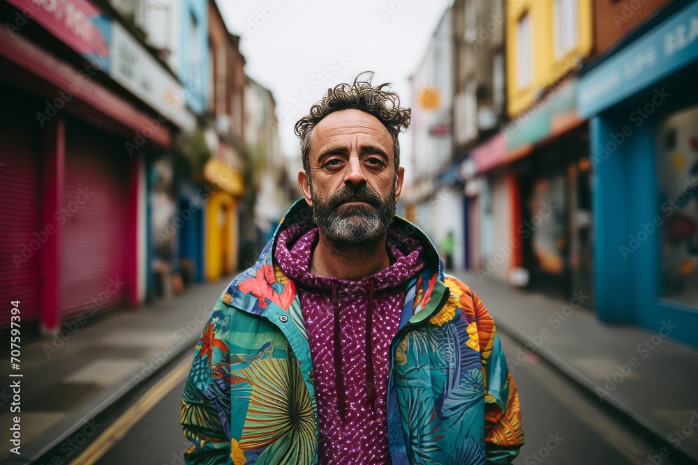 Portrait of a handsome bearded man in a colourful jacket on the street.