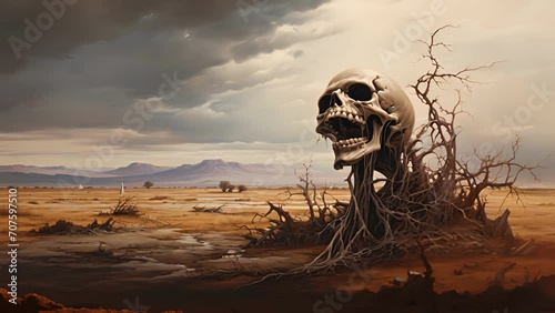 An imposing skeleton rearing up from a barren landscape its gaping mouth letting out a silent shriek. photo