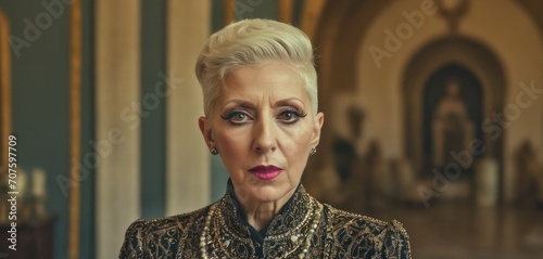  a close up of a person wearing a black and gold jacket and a red lipstick and a gold and black dress.