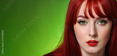  a close up of a woman with red hair and green eyes with a red lip and orange lipshadow.