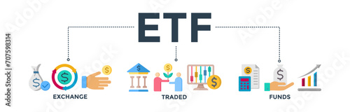 ETF banner concept Exchange Traded Funds Stock Market Investment with icon of money, cash flow, trading, transaction, bank, accounting, and growth. Web icon vector illustration