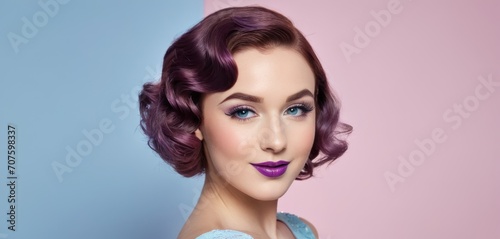  a close up of a woman with purple hair wearing a blue dress and purple lipstick on a pink and blue background.