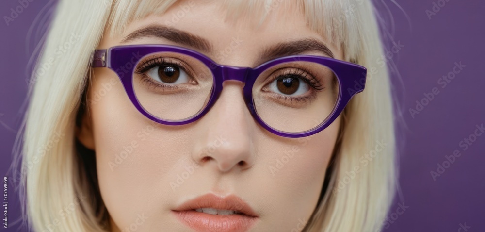  a close up of a person wearing a pair of purple eyeglasses and a white wig and blonde hair.