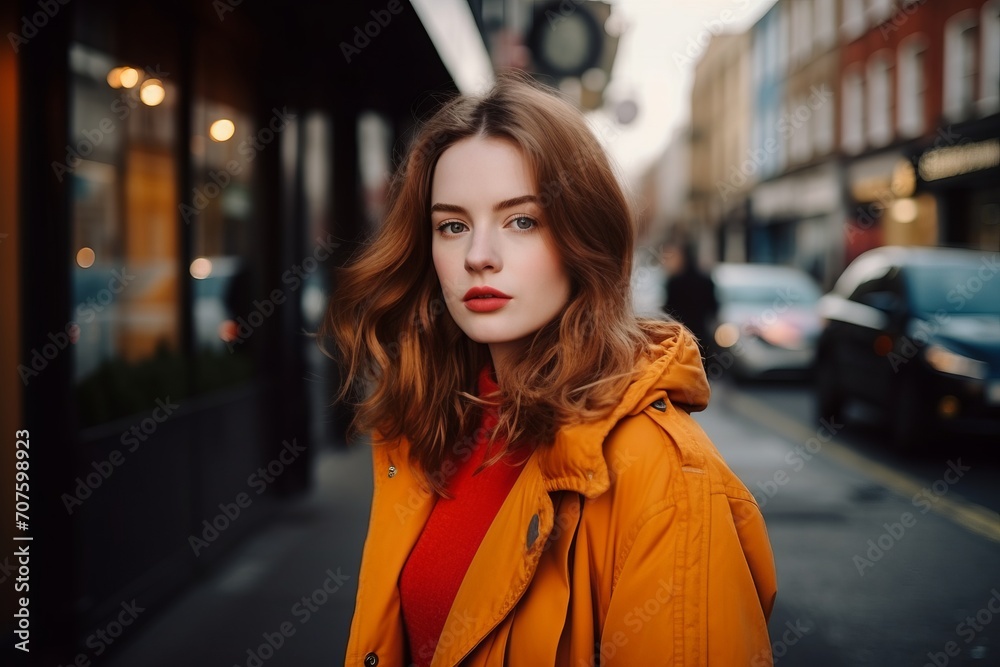 Portrait of a beautiful young woman in an orange coat on the street