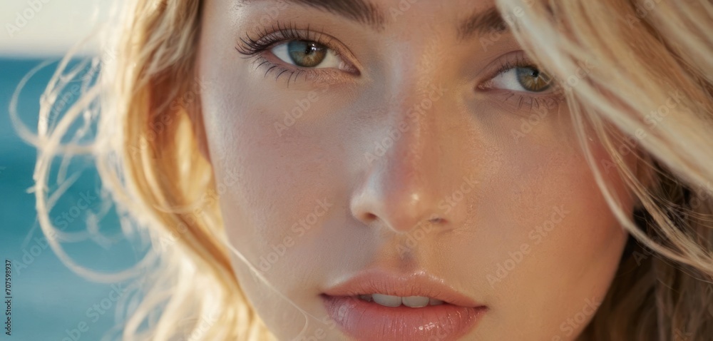 a close up of a woman's face with a blue sky in the background and water in the foreground. a close up of a woman's face with a blue sky in the background and water in the foreground.