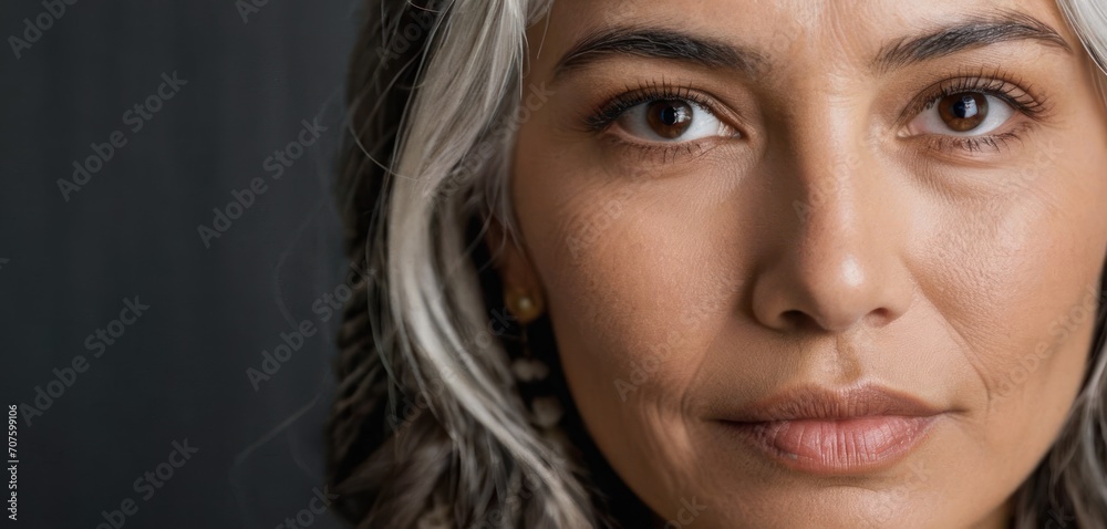 a close up of a woman's face with grey hair and a necklace on her neck and a black background. a close up of a woman's face with grey hair and a necklace on her neck and a black background.