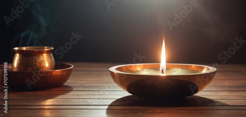  a lit candle sitting in a bowl on a wooden table next to a bowl with a candle inside of it.