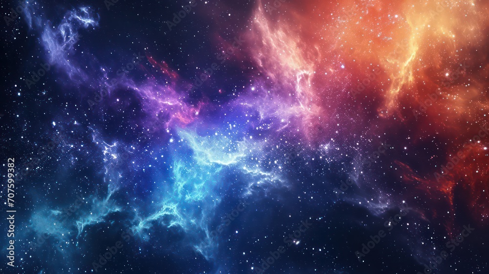 Wallpaper background showcasing a stunning orange, blue and pink nebula in the night sky.
