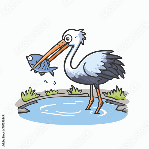 Stork eating a fish in pond vector cartoon illustration