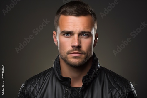 Portrait of a handsome young man in a black leather jacket.