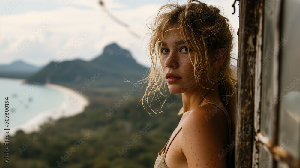 Φωτογραφία A beautiful young woman with freckles stands by a window with a view of the beac