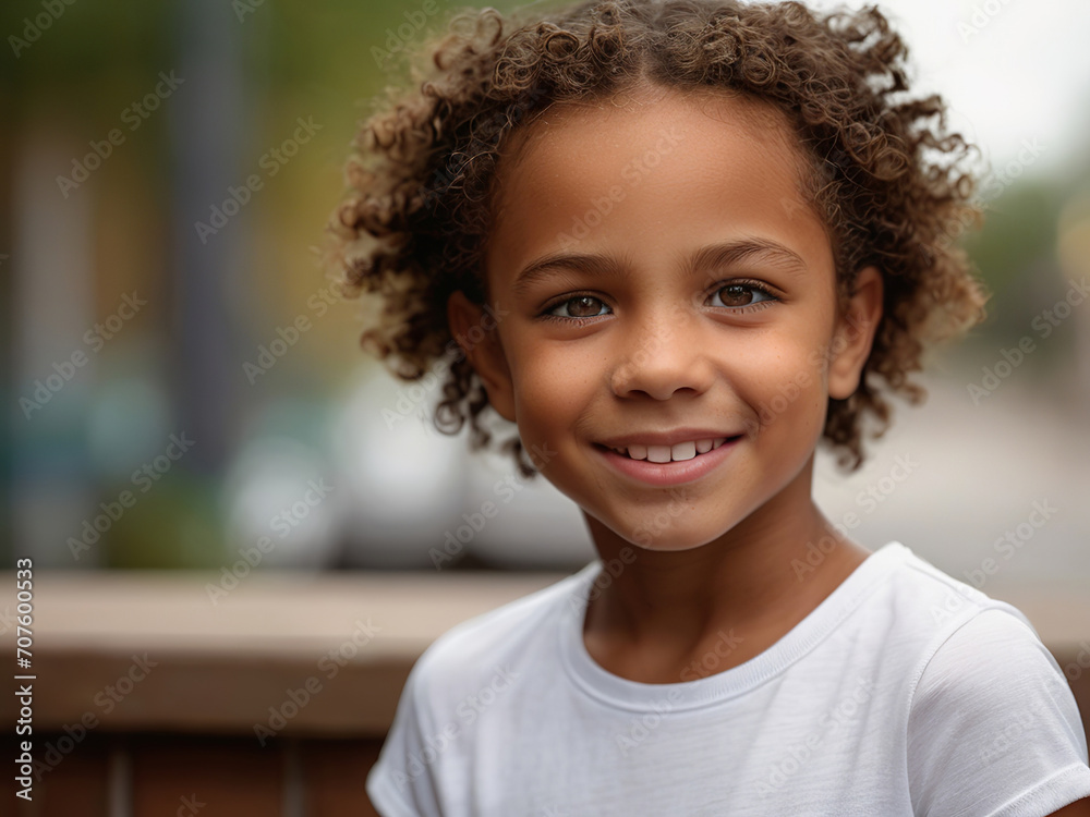 ฺBiracial girl with a cute smile, bright hazel eyes, short messy hair, wearing a white t-shirt, ฺBiracial girl with a cute smile, bright hazel eyes, short messy hair, wearing a white t-shirt,
