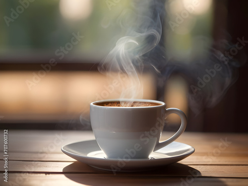 Hot, fresh coffee with a little smoke. White cups on a wooden table, soft sunlight, beautiful atmosphere.