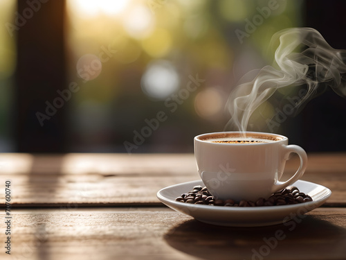 Hot, fresh coffee with a little smoke. White cup placed on wooden table, bokeh background