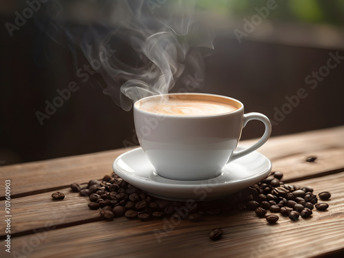 Hot fresh coffee with a little smoke. White cup placed on wooden table, roasted coffee beans