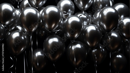Silver balloons and confetti on plain black background from Generative AI