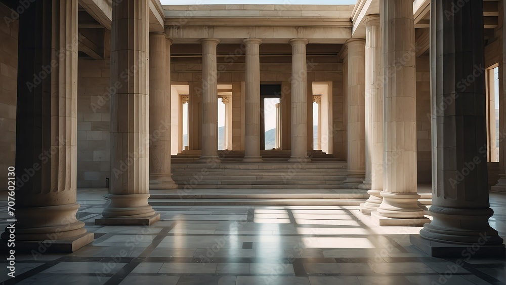 Interior of ancient greek architecture with symmetrical columns and stairs from Generative AI