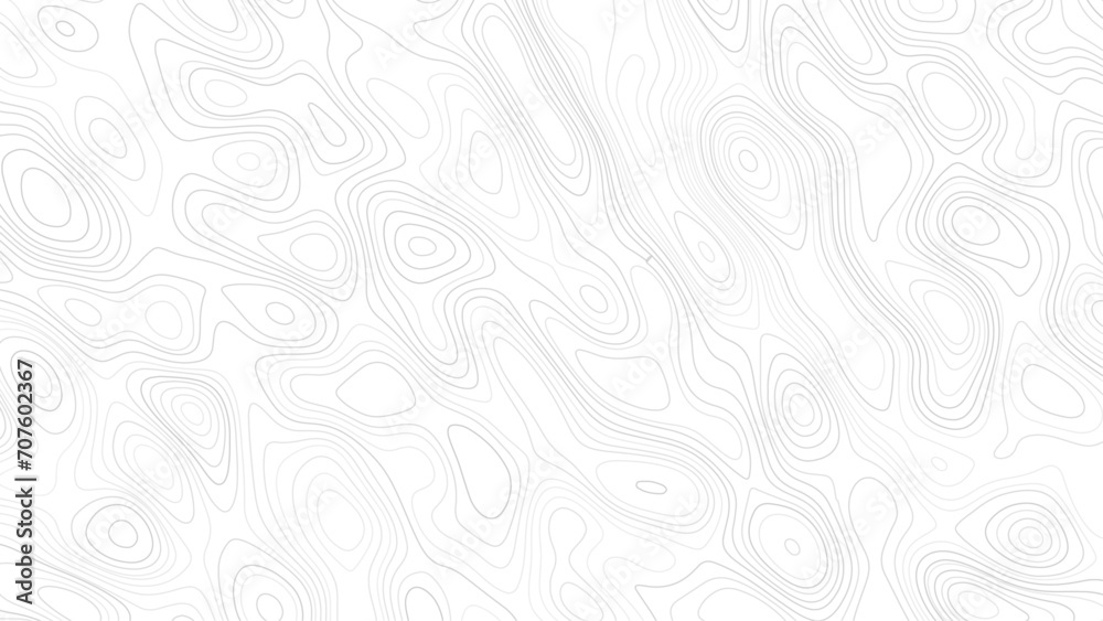 Vector topography of black contours on a white background. Vector illustration of geographic mountains. The texture of the topographic drawing. Map of terrain, relief heights. Topographic island map.