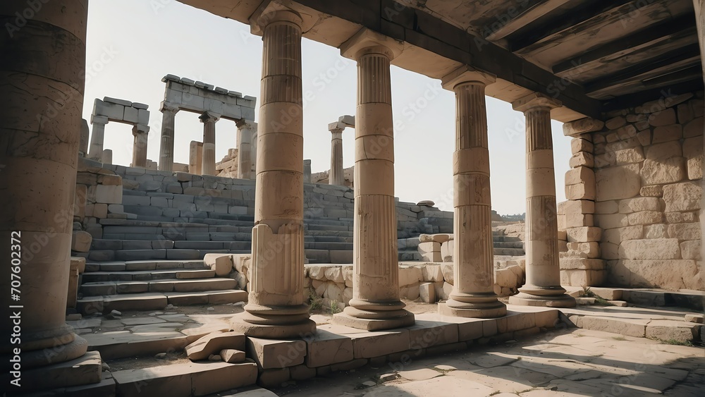 Ancient greek architecture ruins with columns and stairs from Generative AI