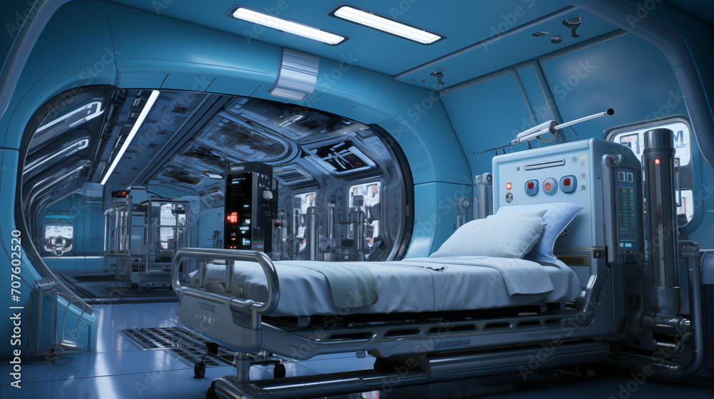 A futuristic hospital room equipped with advanced technology offers a glimpse into the future of healthcare. A futuristic hospital room equipped with advanced technology offers a glimpse into the future of healthcare.