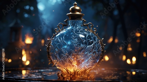 Burning magic potion in crystal bottle. Halloween witchcraft and alchemy concept photo
