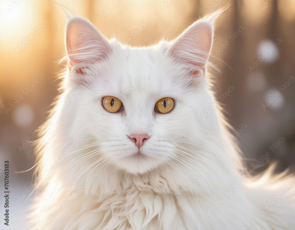 beautiful white cat in the field in front of the camera.