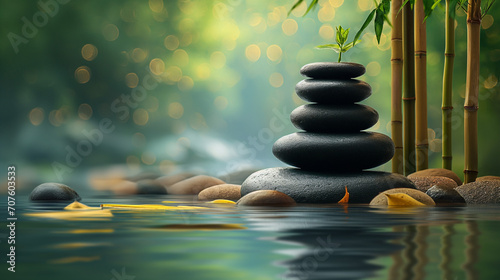 A relaxing image of stones on water with bamboo pillars behind them, background bamboo. Yoga Concept. 
