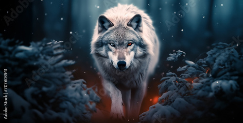 Digital composite of Wolf in the forest with snowflakes and trees, wolf in the forest