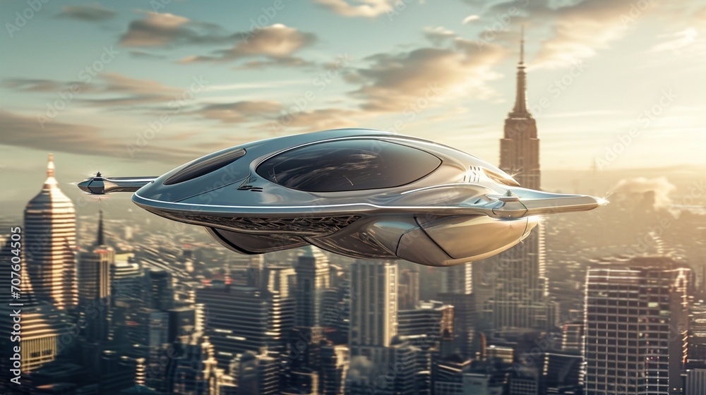 Vehículo aéreo futurista sobrevolando un paisaje urbano al atardecer Vehículo aéreo futurista sobrevolando un paisaje urbano al atardecer