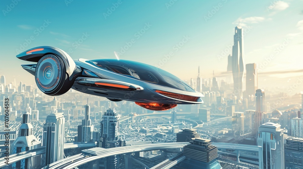 Vehículo futurista volador deslizándose sobre una ciudad ultramoderna con rascacielos Vehículo futurista volador deslizándose sobre una ciudad ultramoderna con rascacielos